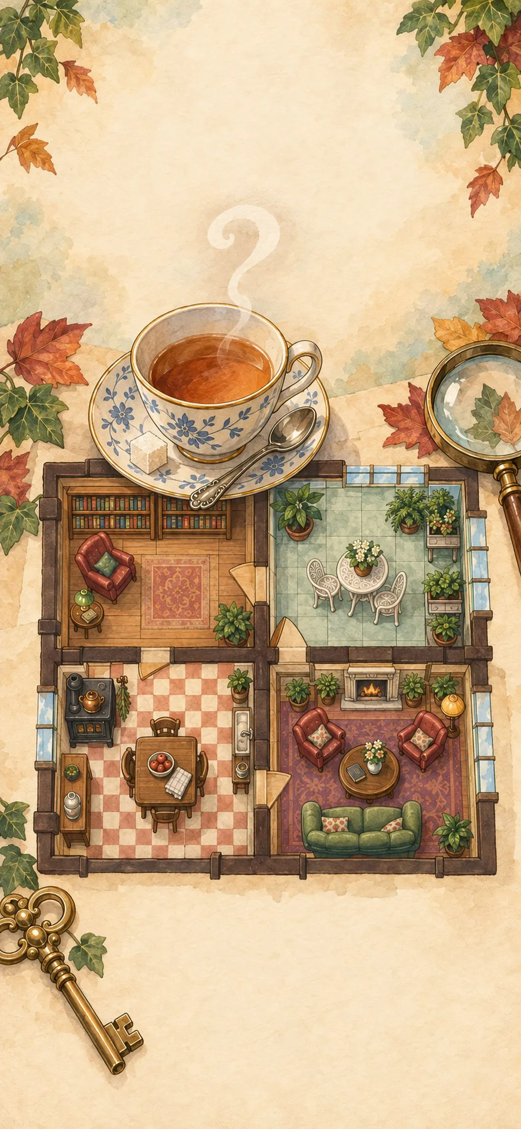 A floor plan of four rooms beside a cup of tea, with pencil notes